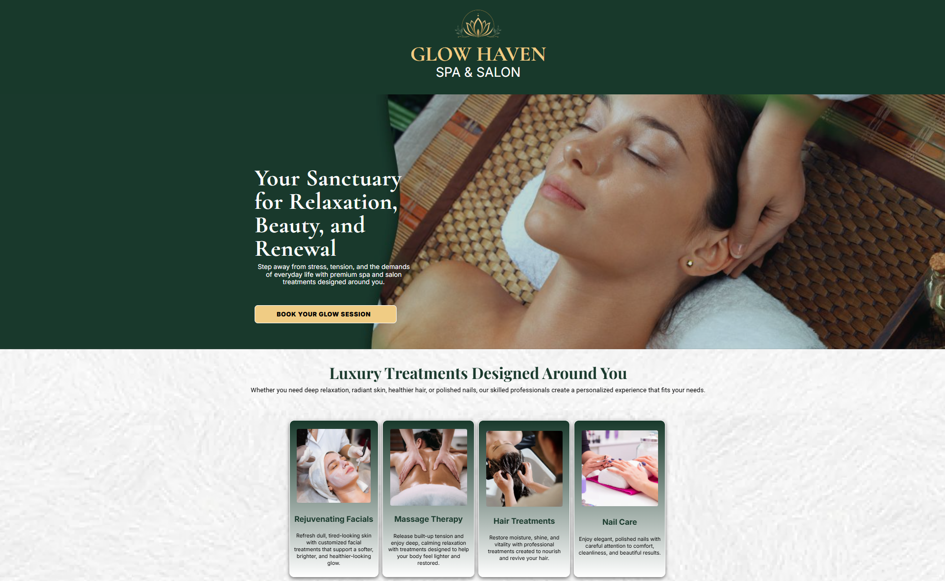 Glow Haven spa and salon landing page preview