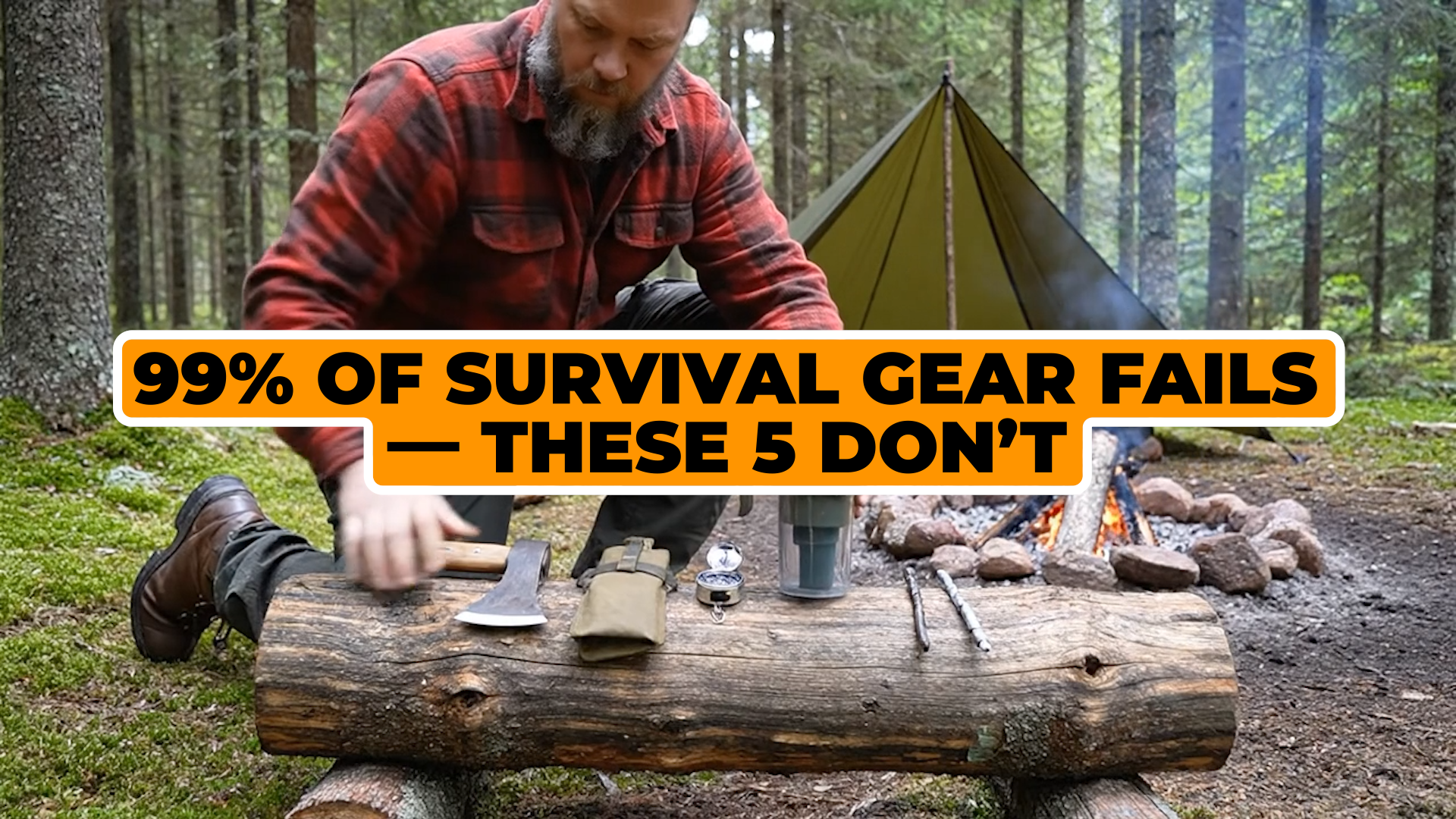 Wilderness video editing preview featuring a survival gear setup